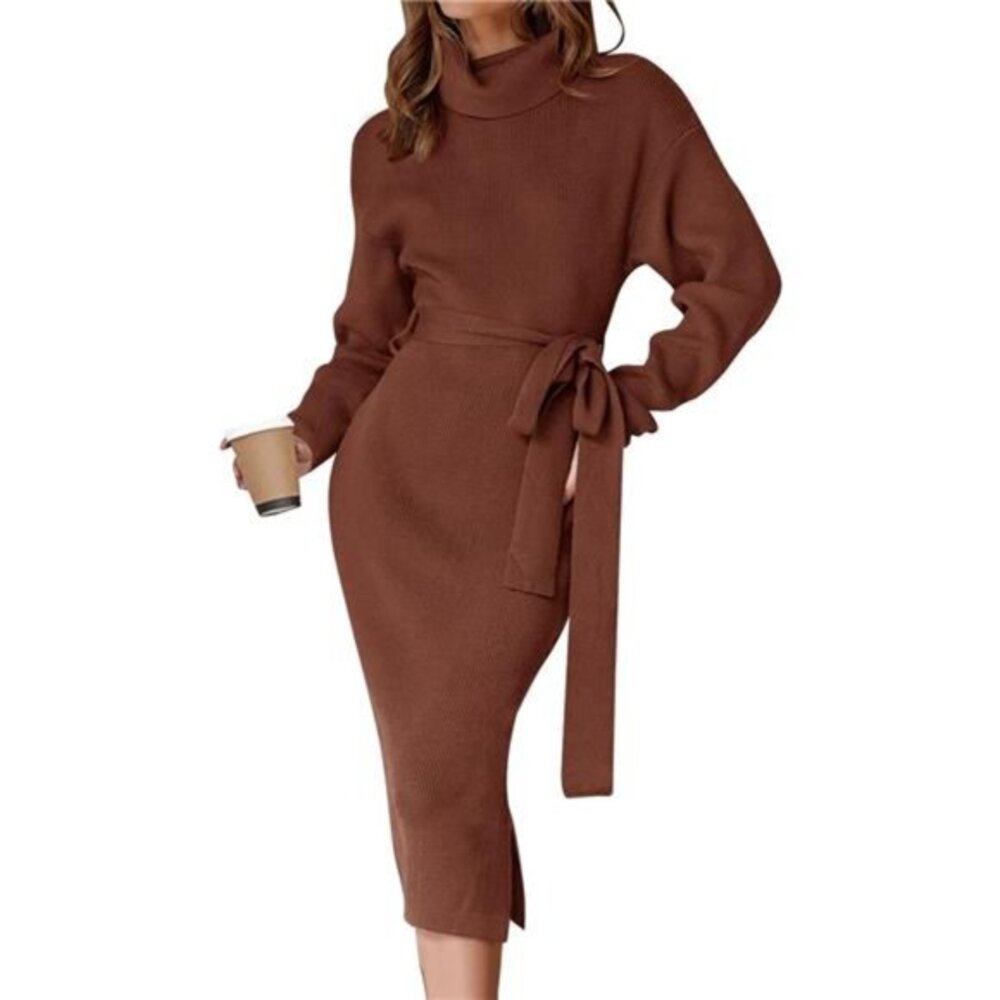 Women's Turtleneck Sweater Midi Dress Long Sleeve Ribbed Knit Bodycon Slit Dress